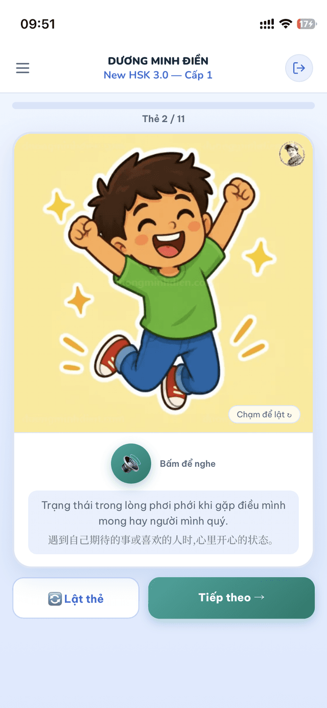 Flashcard cảm xúc — học từ 开心 (vui vẻ) qua thẻ minh hoạ biểu cảm